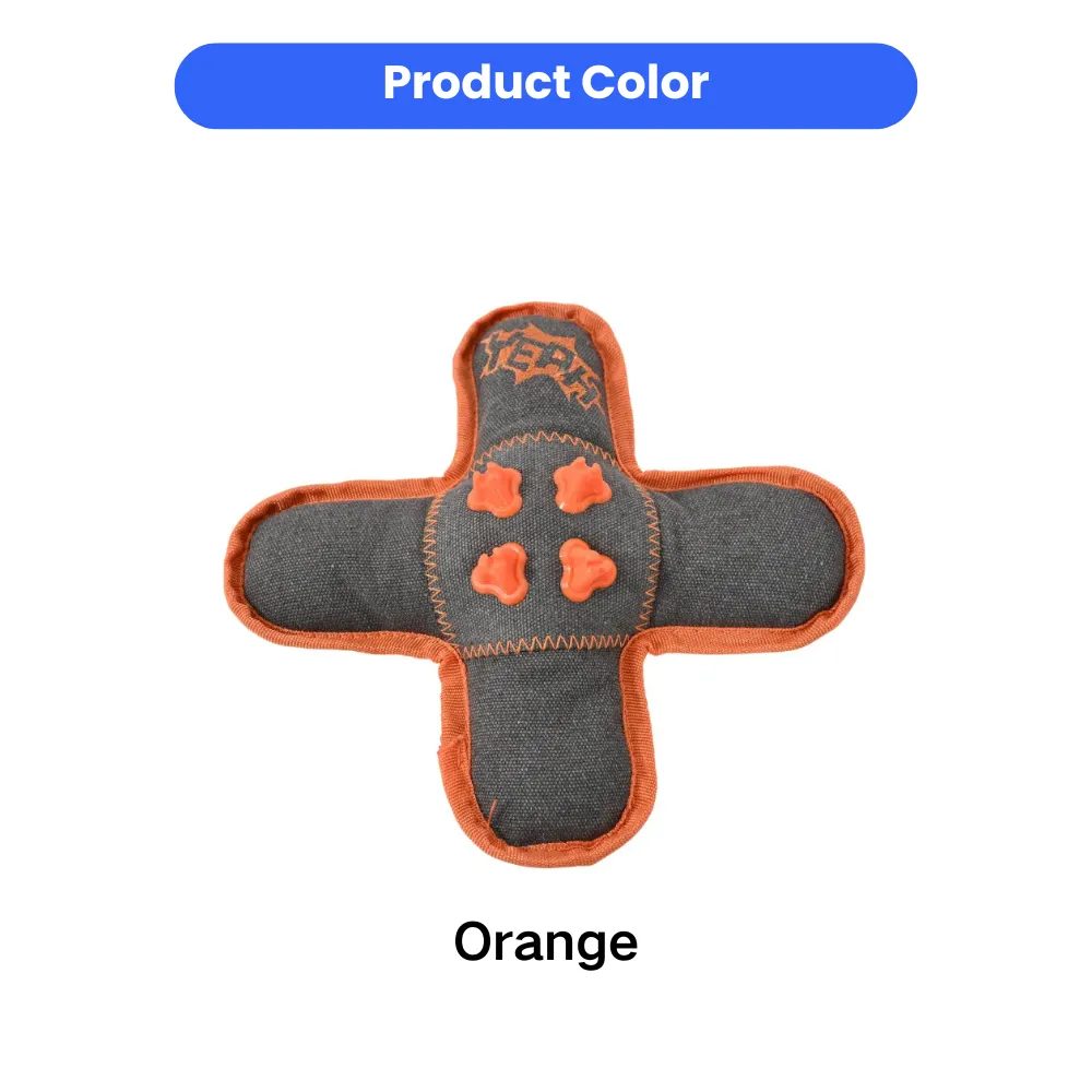 Top view of a cross-shaped dog chew toy featuring grey denim fabric, orange reinforced trim, and four orange rubber nubs in the center.