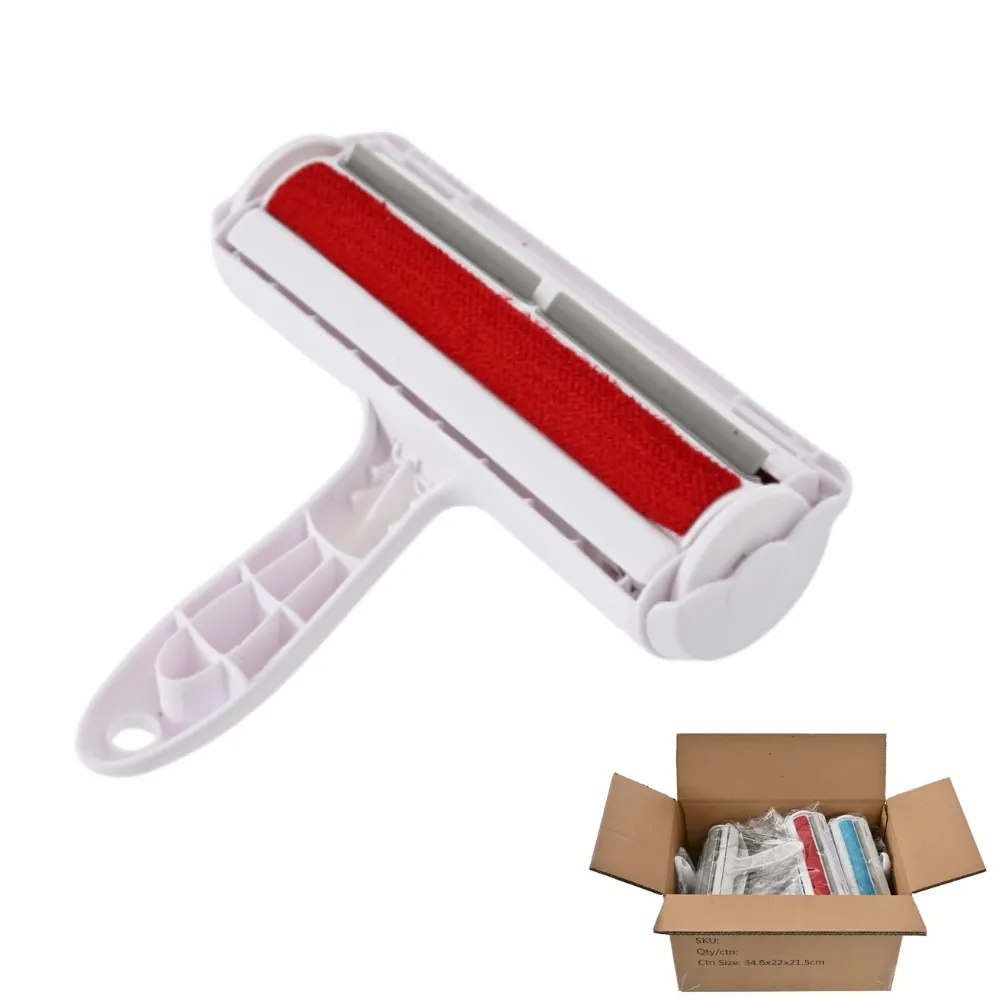 A red pet hair remover roller featured with a wholesale cardboard box containing multiple units.
