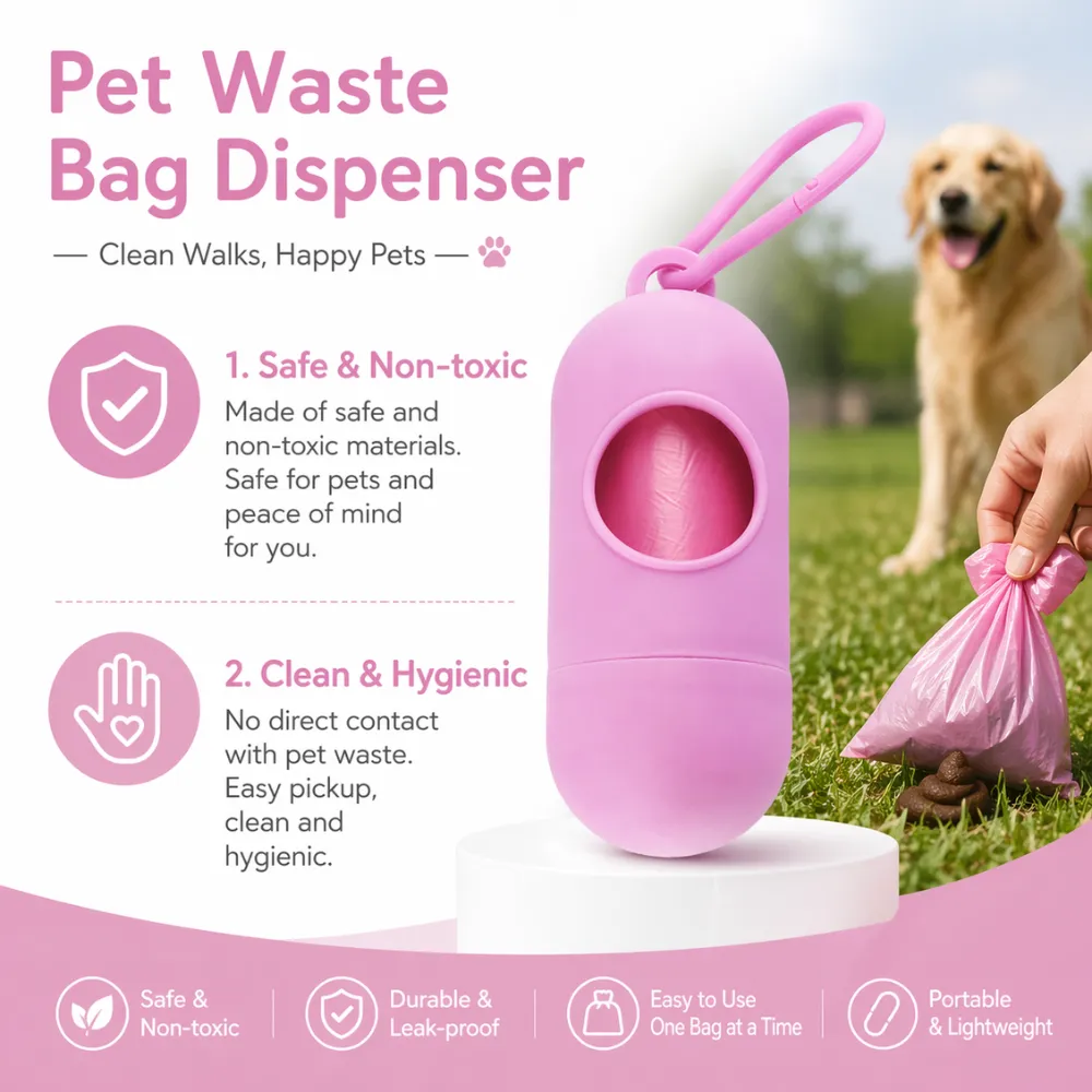 Infographic highlighting features: Safe and non-toxic materials, clean and hygienic use, durable, leak-proof, and easy to use.