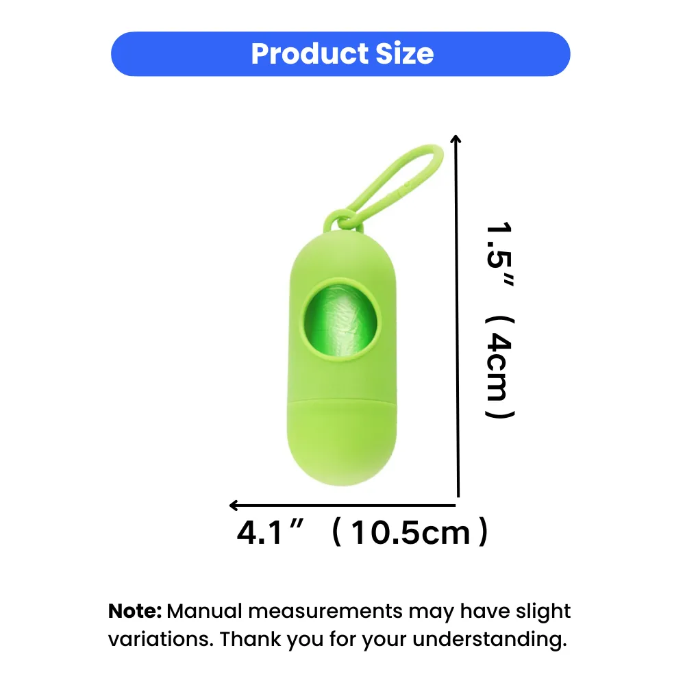 Diagram showing the dimensions of the pet waste bag dispenser: 4.1 inches (10.5cm) in length and 1.5 inches (4cm) in width.
