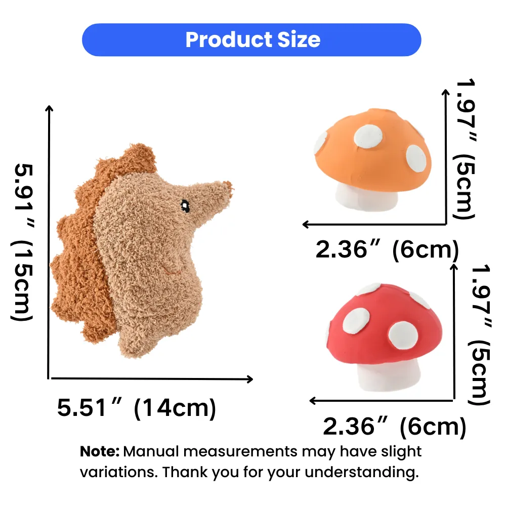 Product dimensions showing the plush hedgehog at 5.91 by 5.51 inches and latex mushrooms at 1.97 by 2.36 inches.