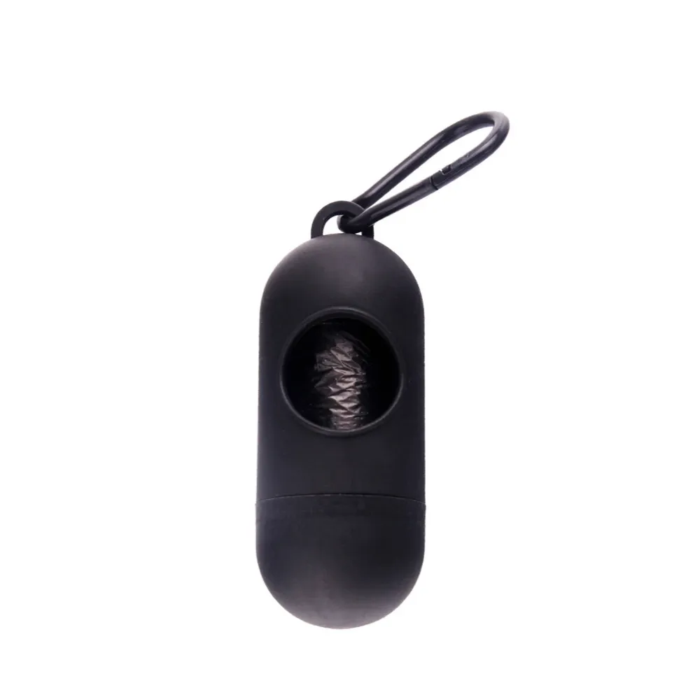 A professional matte black dog waste bag dispenser with a black carabiner for leash attachment.