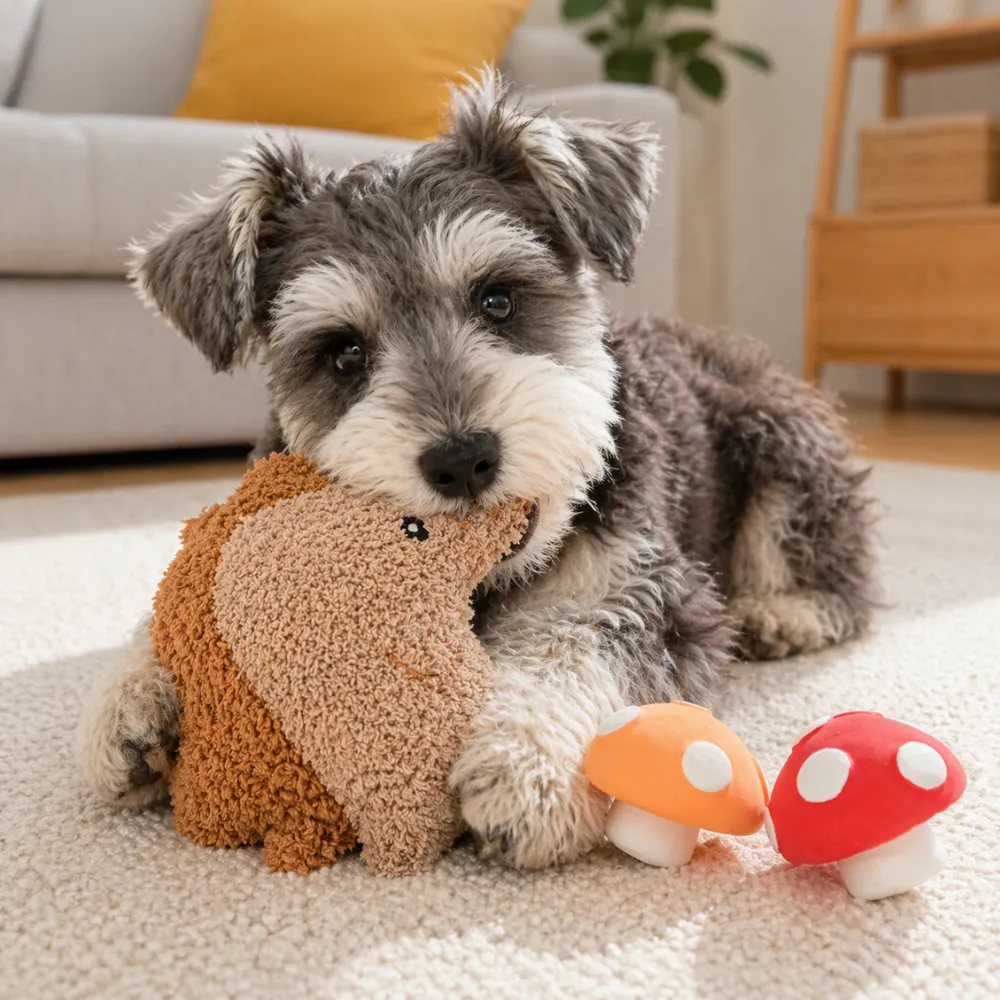 A gray and white Schnauzer puppy resting on a carpet while chewing on a textured plush hedgehog toy.