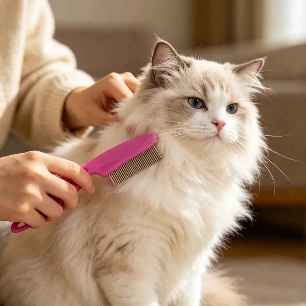 A hand is gently using a pink pet flea comb with dense stainless steel teeth to groom a long-haired Ragdoll cat and keep its coat healthy.