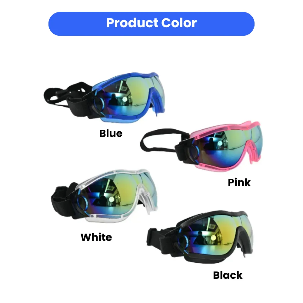 A collection of pet goggles in four colors: blue, pink, white, and black with mirrored lenses.