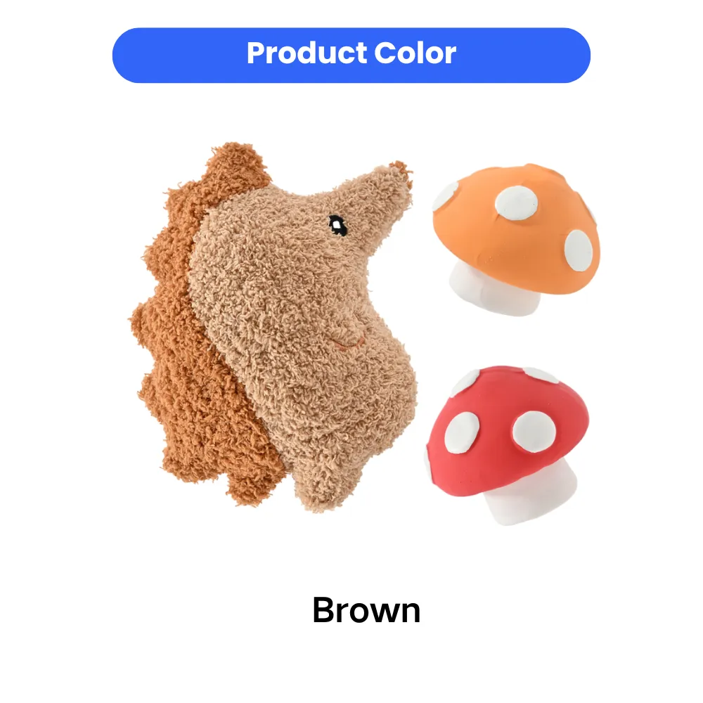 Three-piece dog toy set featuring a brown plush hedgehog and two spotted latex mushrooms in orange and red.