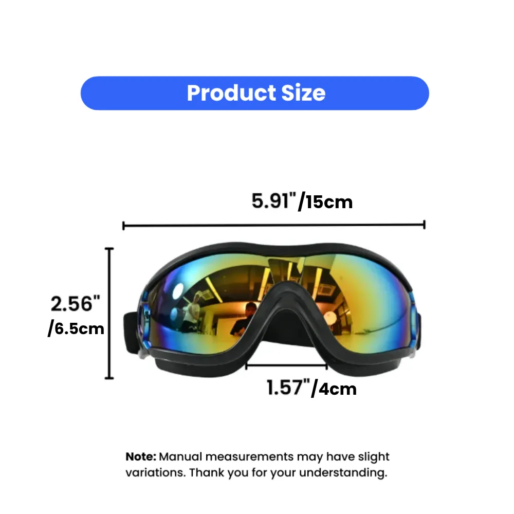 Technical drawing showing the dimensions of the pet goggles: 5.91 inches wide and 2.56 inches high.