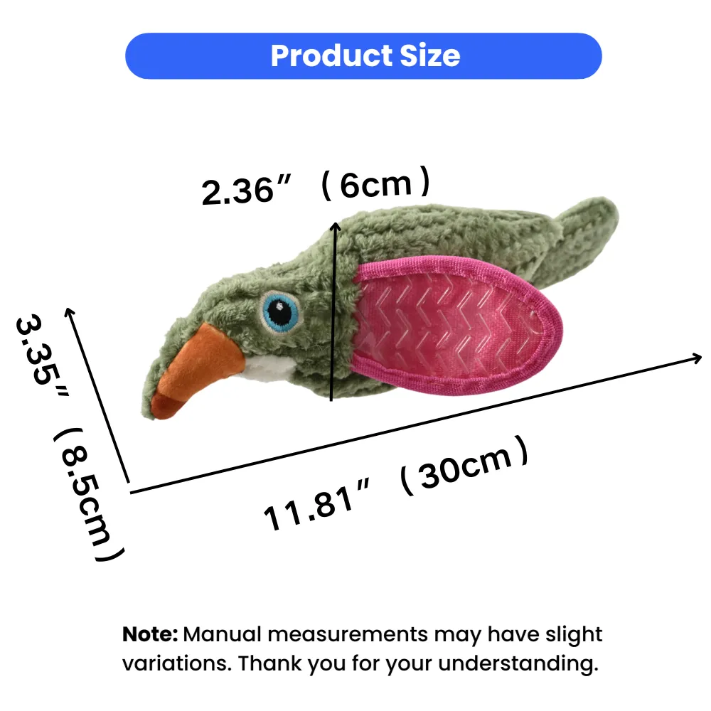 size chart of wild bird plush dog toy 30cm length squeaky durable dog toy for pet store wholesale