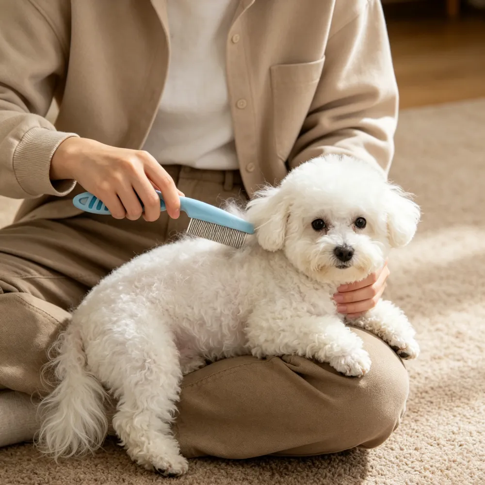 A person is grooming a Bichon Frise dog with a blue pet flea comb, which has fine stainless steel teeth to remove pests and loose fur.