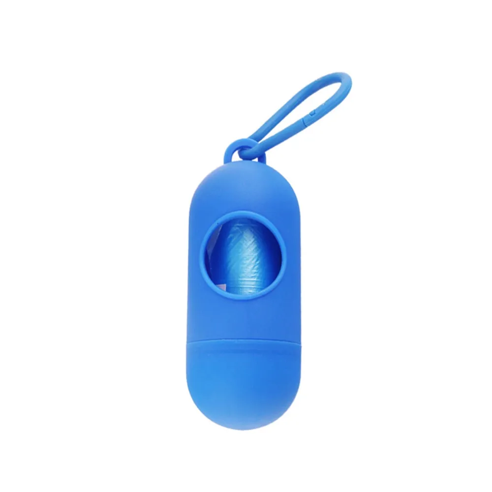 A vibrant blue portable pet waste bag holder with a roll of blue bags visible inside.