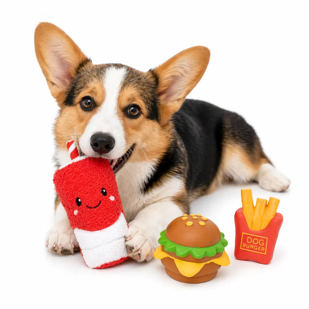 corgi-puppy-foodie-series-dog-toy-set A cute Corgi puppy lying down with a 3-piece foodie series dog toy set including a plush drink cup, latex burger, and fries.