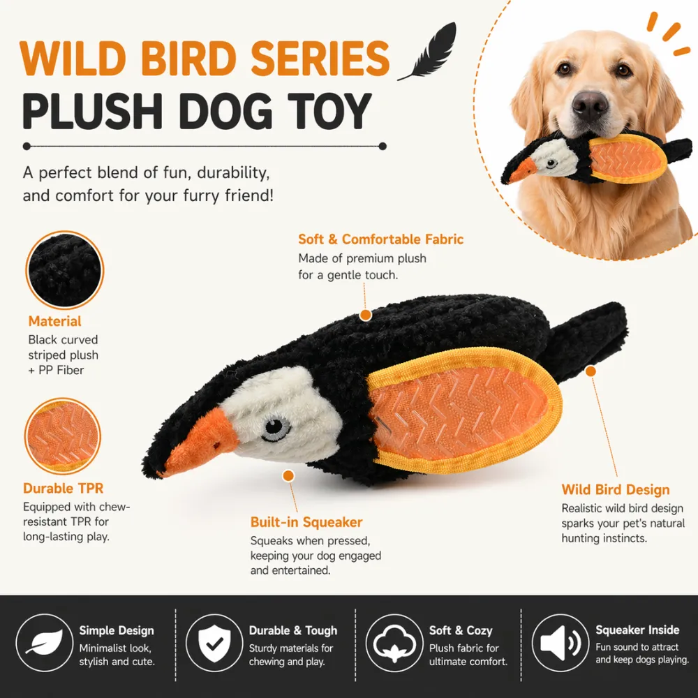 plush dog toy with squeaker durable TPR chew resistant soft fabric bird design dog toy
