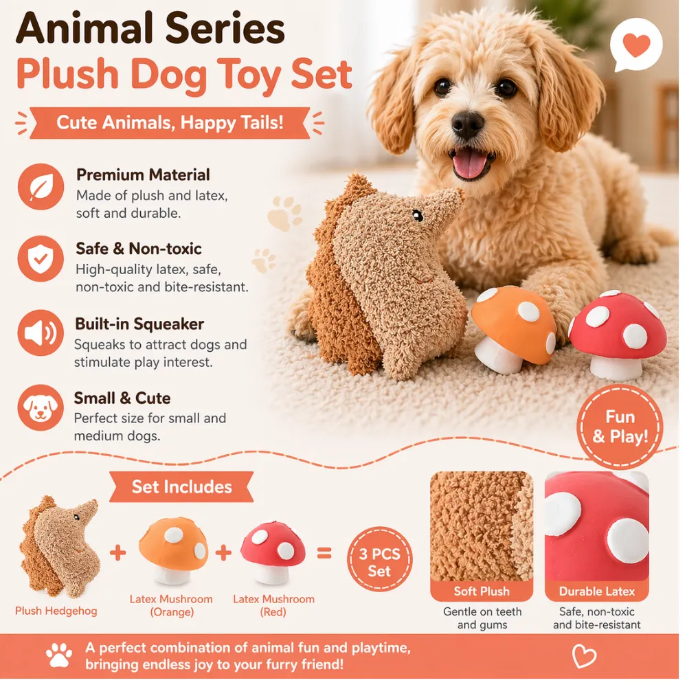 Infographic highlighting premium materials, non-toxic latex, built-in squeakers, and dental-friendly plush textures for pet store inventory.