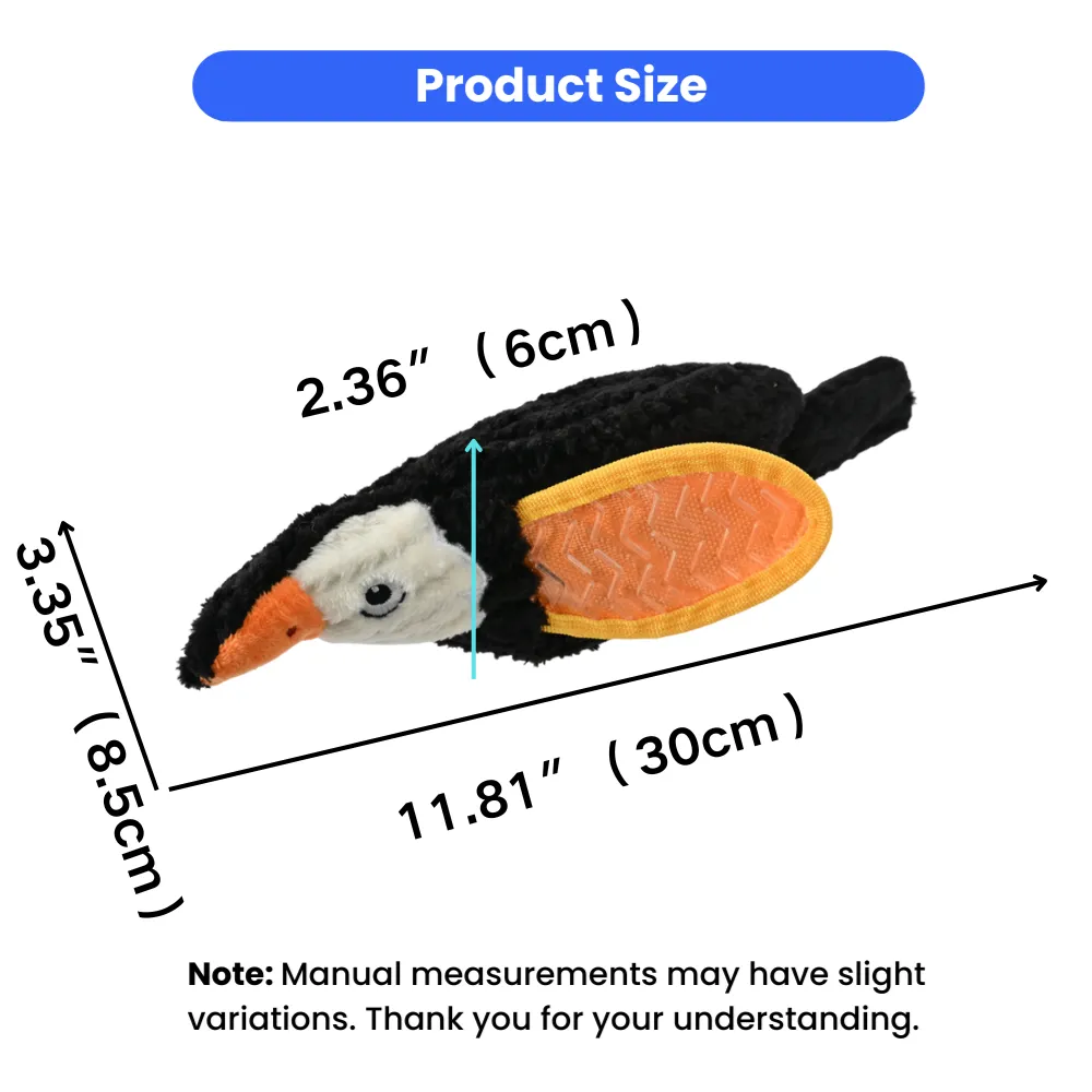 plush bird dog toy size 11.81 inch length 3.35 inch width squeaky chew toy dimensions