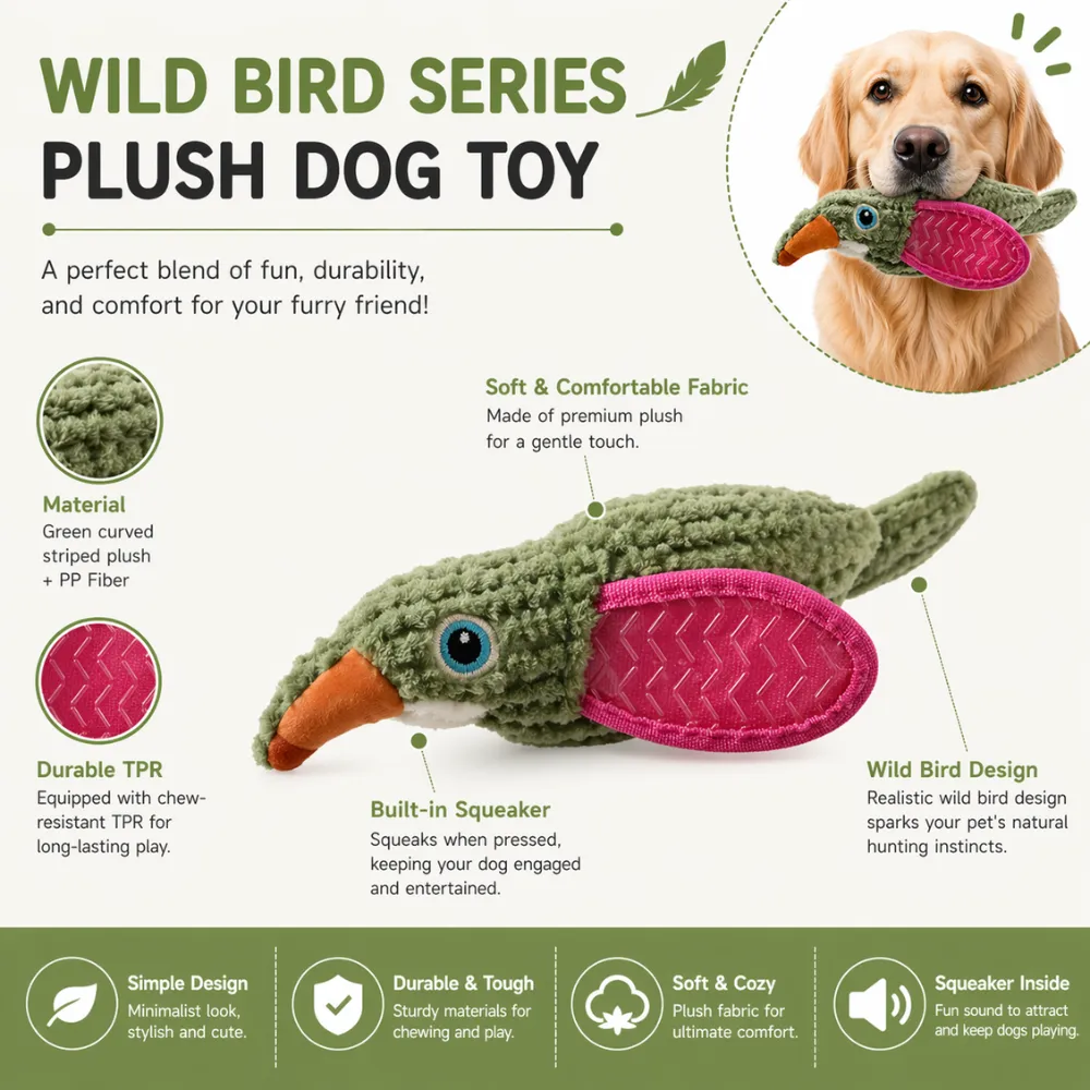 plush dog toy with squeaker and TPR chew resistant design wild bird series durable dog toy bulk