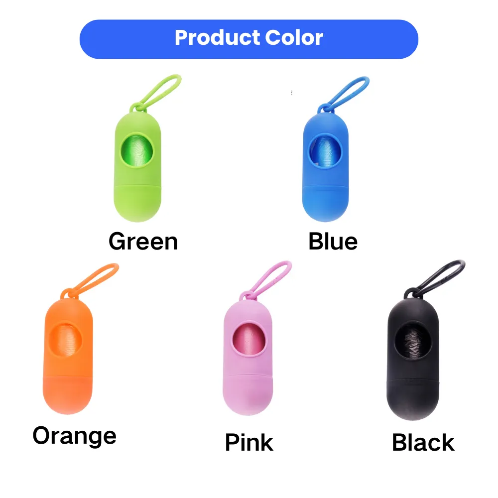 A collection of dog waste bag dispensers in five colors: Green, Blue, Orange, Pink, and Black.