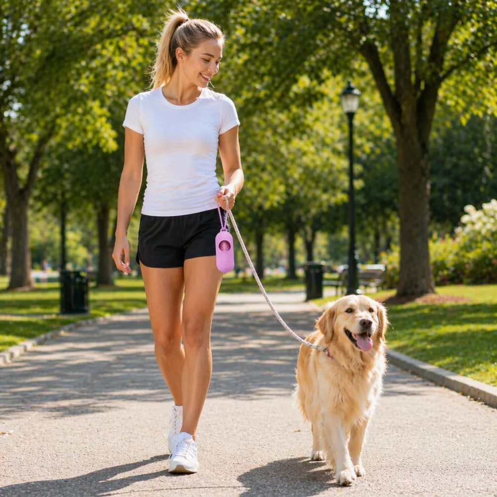 A woman in athletic wear walking a Golden Retriever in a park with a pink waste bag dispenser attached to the leash.