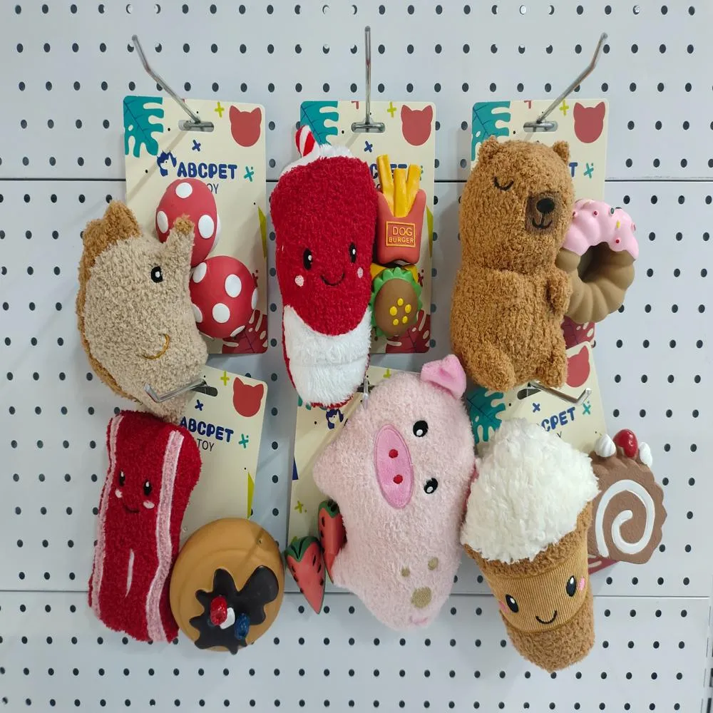 Wholesale Plush Dog Toys Set – Food Shaped Squeaky Pet Toys Bulk | Petfairs bulk plush dog toys set including food shaped squeaky toys bacon fries ice cream pig bear wholesale pet toys display