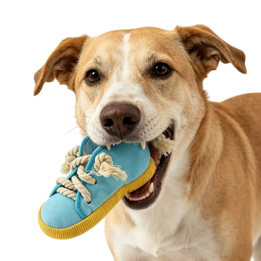 Durable Dog Chew Toy for Interactive Play Close-up of a medium-sized dog happily holding a blue squeaky shoe toy in its mouth.