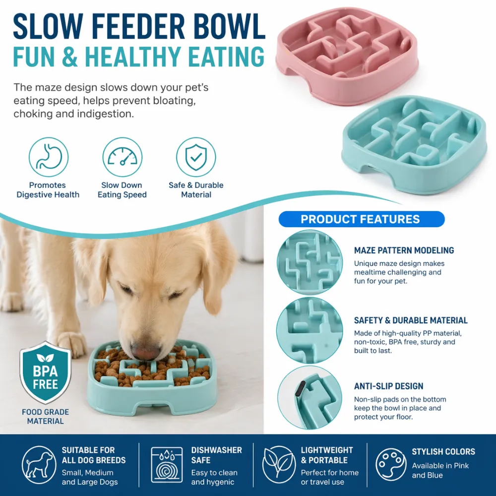 Infographic showing benefits of a slow feeder bowl including BPA-free material, anti-slip design, and dishwasher safe cleaning.