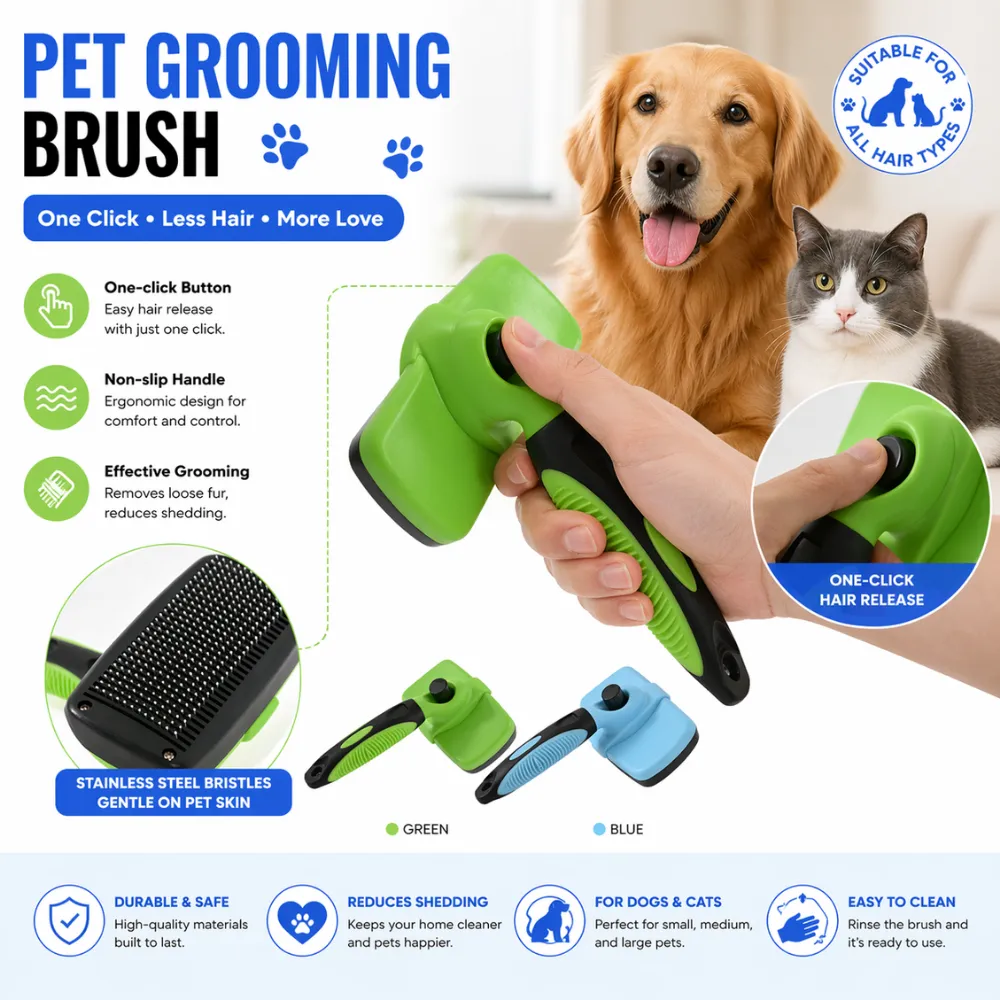 Infographic showing a dog and cat with callouts for one-click hair release, stainless steel bristles, and ergonomic handle.