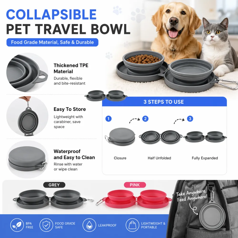 Infographic showing features: Thickened TPE material, carabiner clip for storage, waterproof cleaning, and 3-step expansion guide.