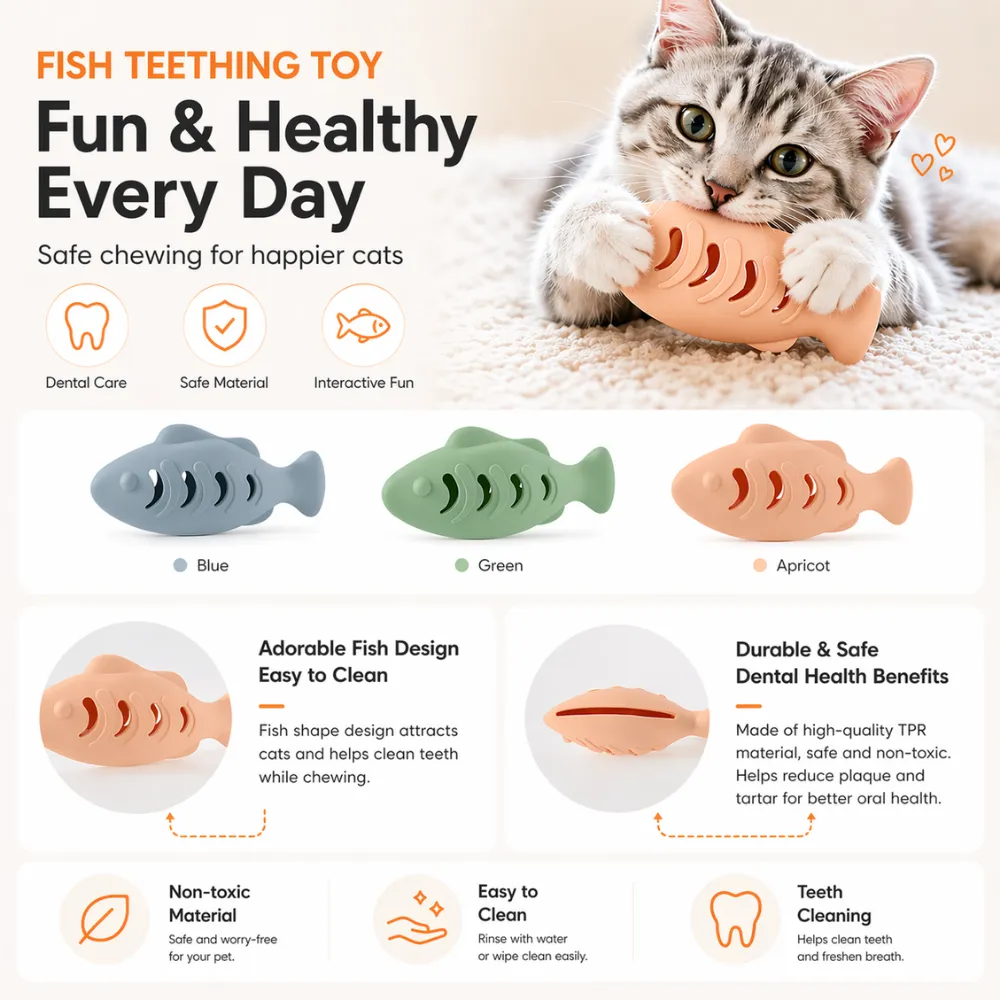 An infographic highlighting dental care, non-toxic TPR material, and easy cleaning features of the fish cat toy.