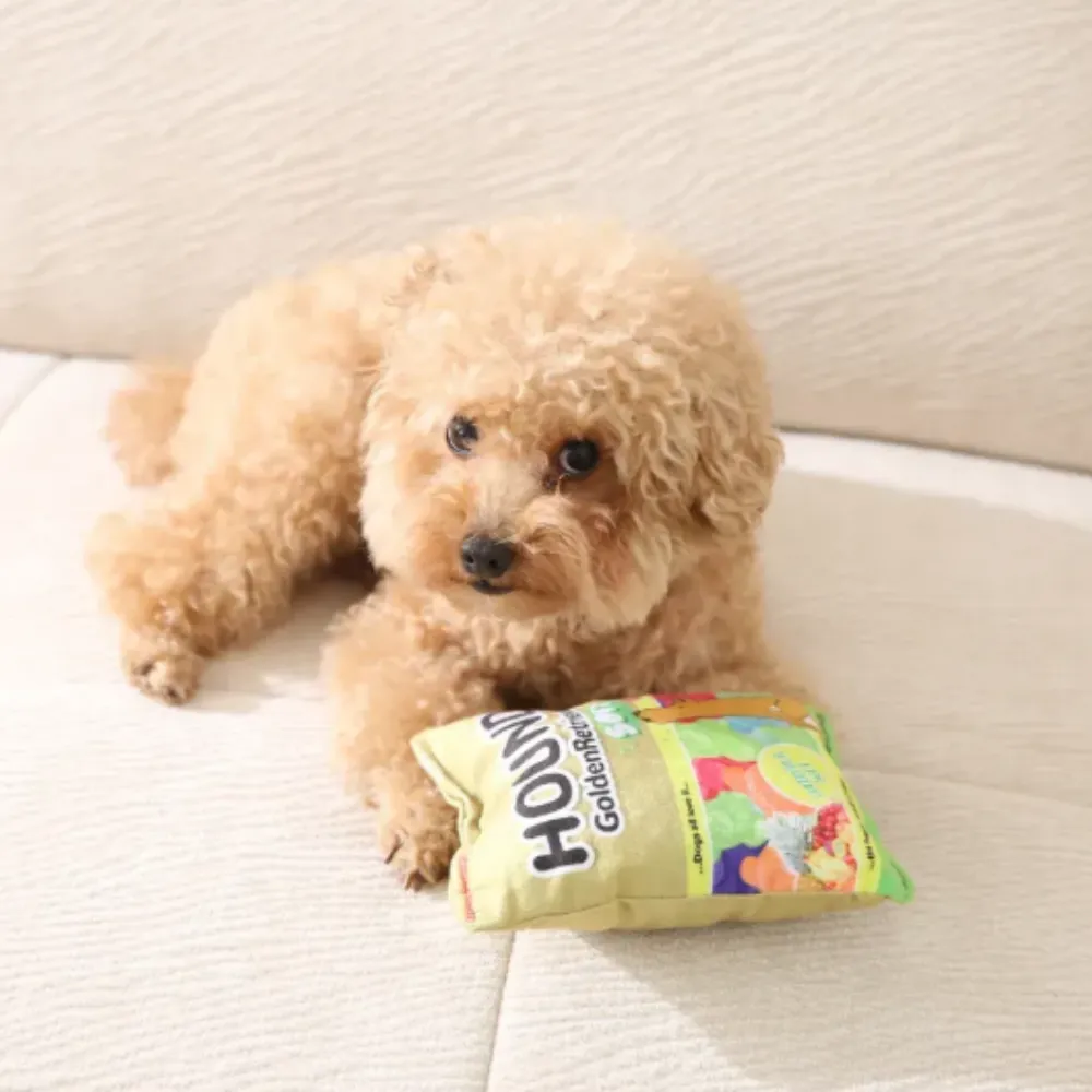 A small fluffy tan poodle laying on a white sofa with the yellow Hound Golden Retriever crinkle toy.