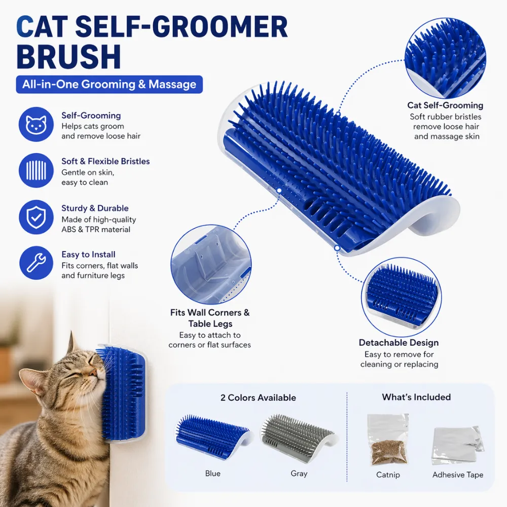 A detailed infographic for the Cat Self-Groomer.