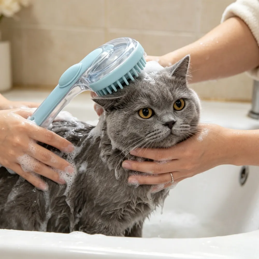 Close-up of a blue pet bath brush being used to scrub a grey cat, highlighting the comfortable handle grip.