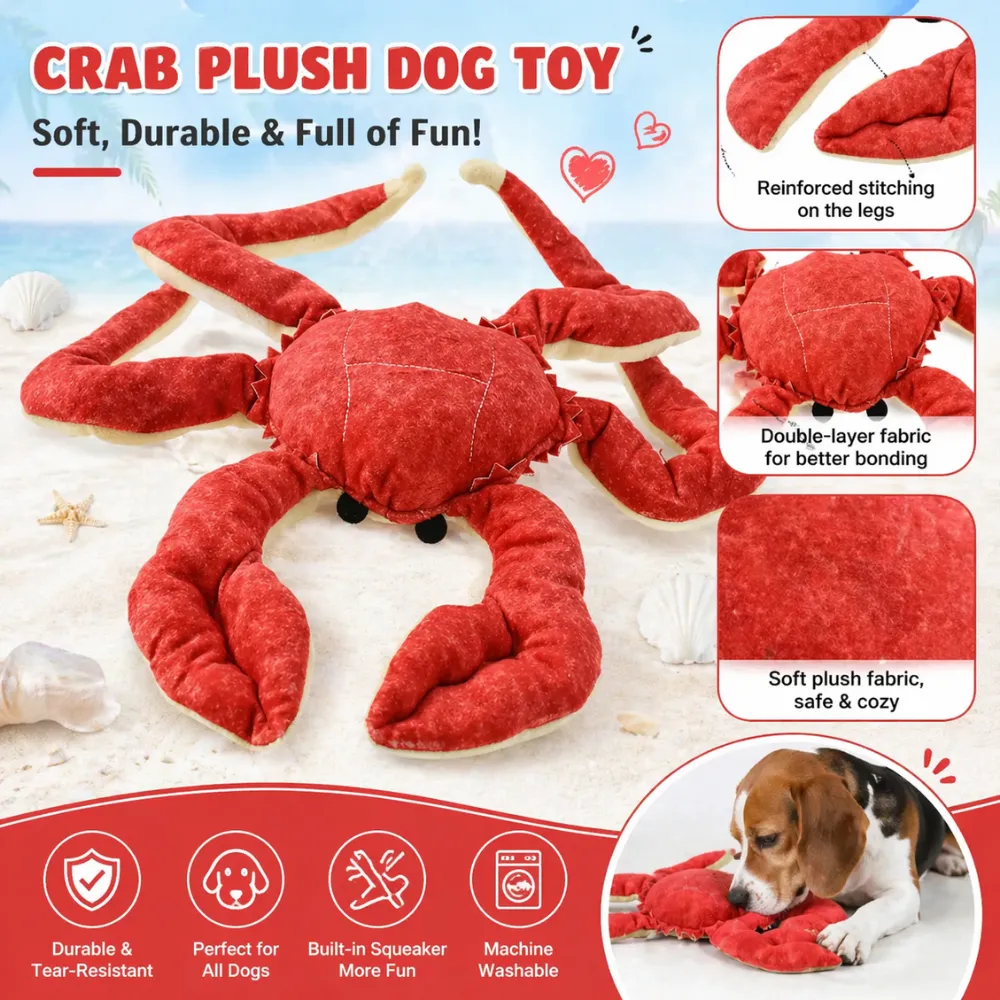 An infographic detailing the key features of the crab plush dog toy: durability, built-in squeaker, machine washability, and soft fabric.