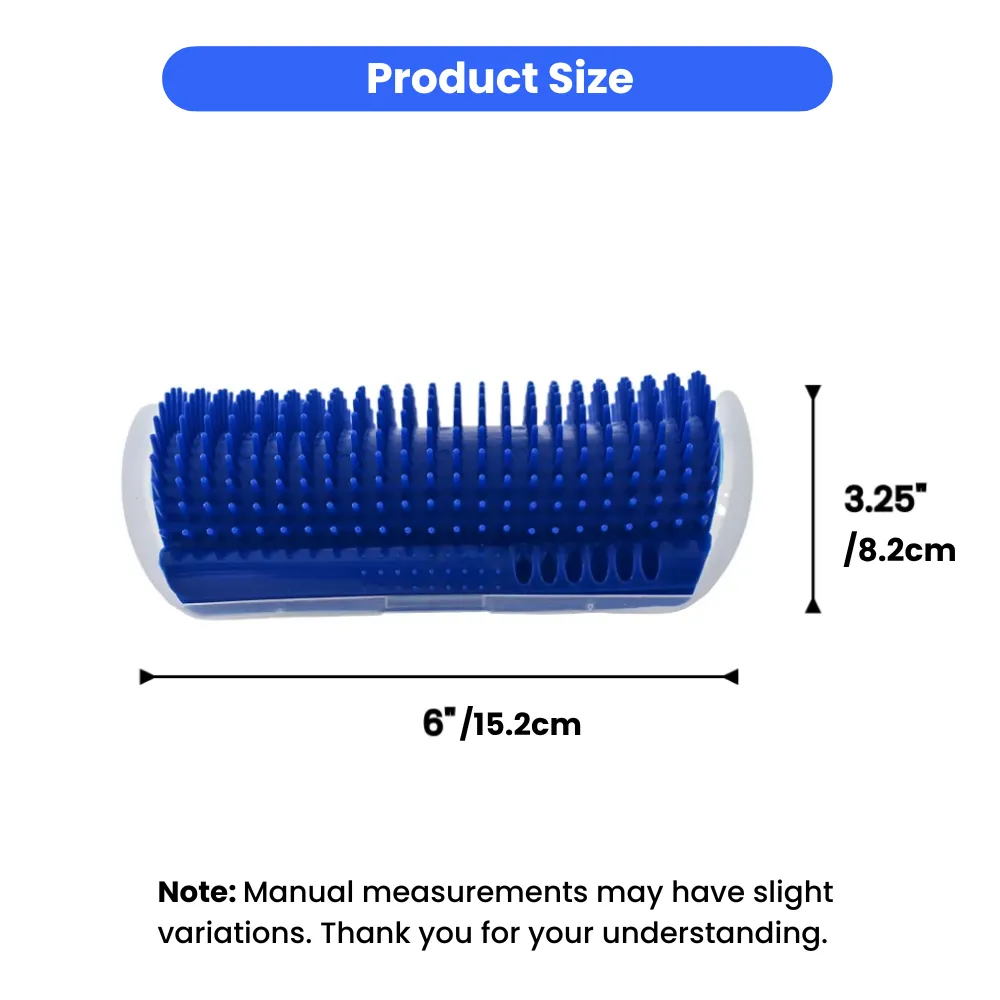 A side-by-side product measurement chart and close-up image of the Cat Self-Groomer. The diagram displays the brush is 6 inches (15.2 cm) long and 3.25 inches (8.2 cm) in height.