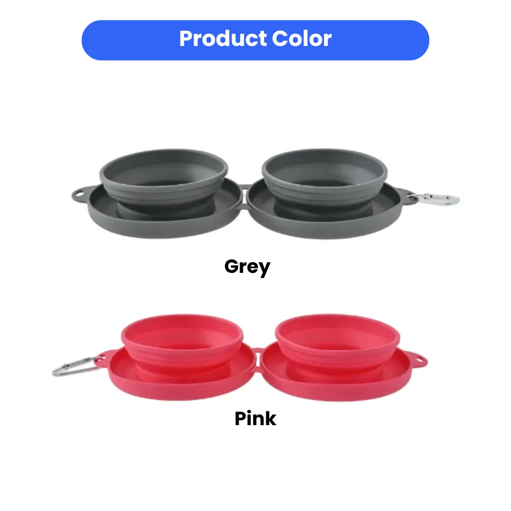 Product showcase of the collapsible pet travel bowls available in two colors: Charcoal Grey and Vibrant Pink.