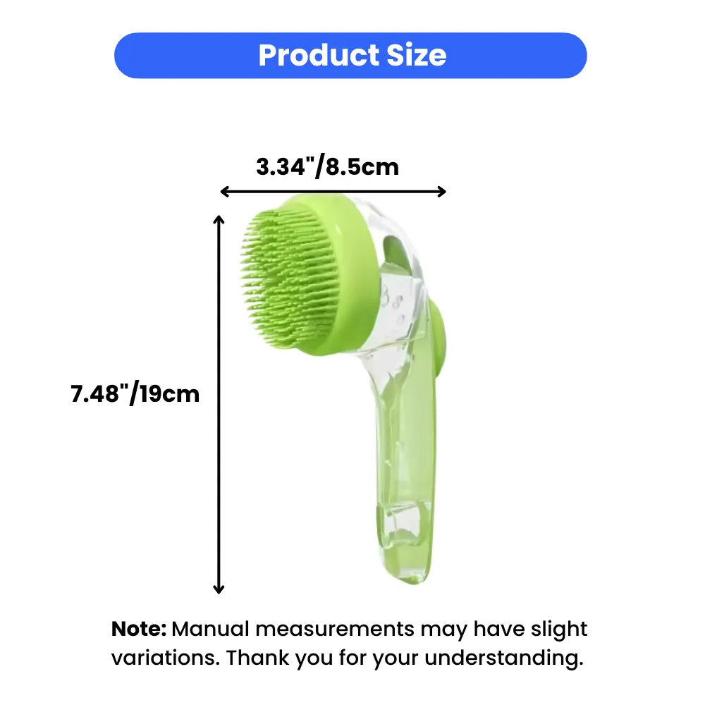 Professional pet bath brush size chart showing 7.48 inch length and 3.34 inch width for wholesale pet grooming supplies.