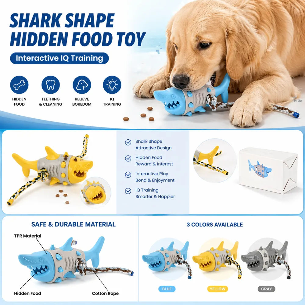 Infographic highlighting features: hidden food compartment, teething cleaning, boredom relief, and IQ training.