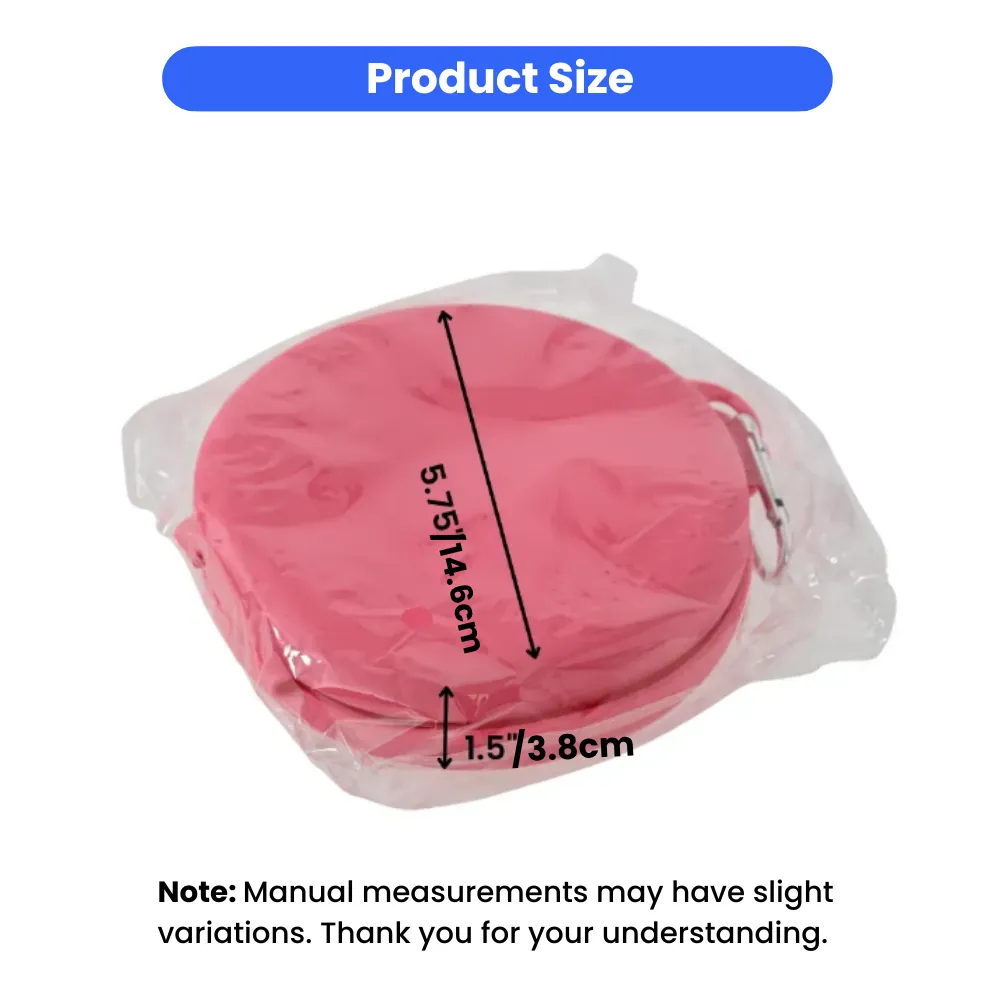 A diagram showing the measurements of a pink collapsed pet travel bowl, measuring 5.75 inches in diameter and 1.5 inches thick.