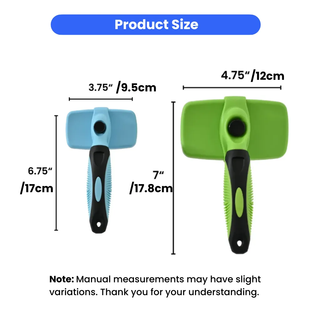 Technical drawing showing the dimensions of small and large pet grooming brushes in inches and centimeters.