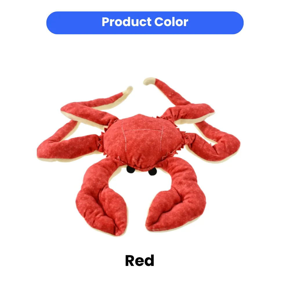 The bright red version of the plush crab dog toy, showcasing its soft material and playful design.
