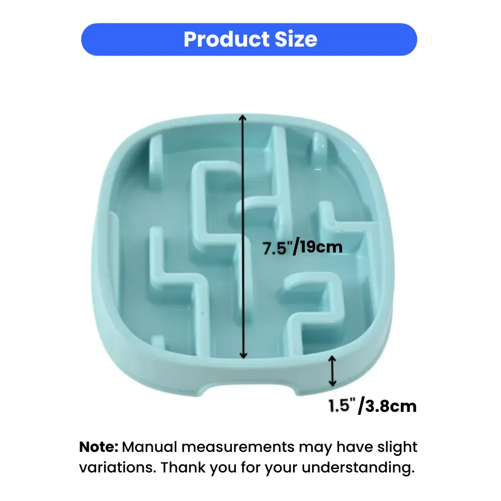 Top-down view of a light blue maze dog bowl showing dimensions of 7.5 inches width and 1.5 inches height.