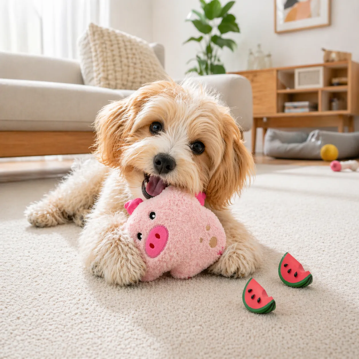 A small fluffy dog lying on a living room carpet playing with a pink plush pig and watermelon chew toys.