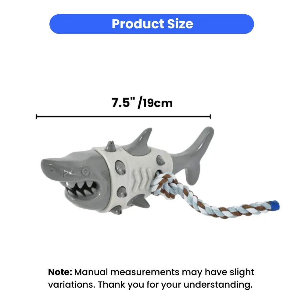 A diagram showing the 7.5 inch or 19cm length of the shark-shaped interactive dog toy.