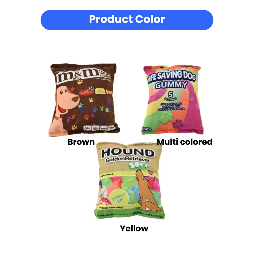 Three different styles of plush dog toys including Brown Chocolate, Multi-colored Gummy, and Yellow Hound Golden Retriever designs.
