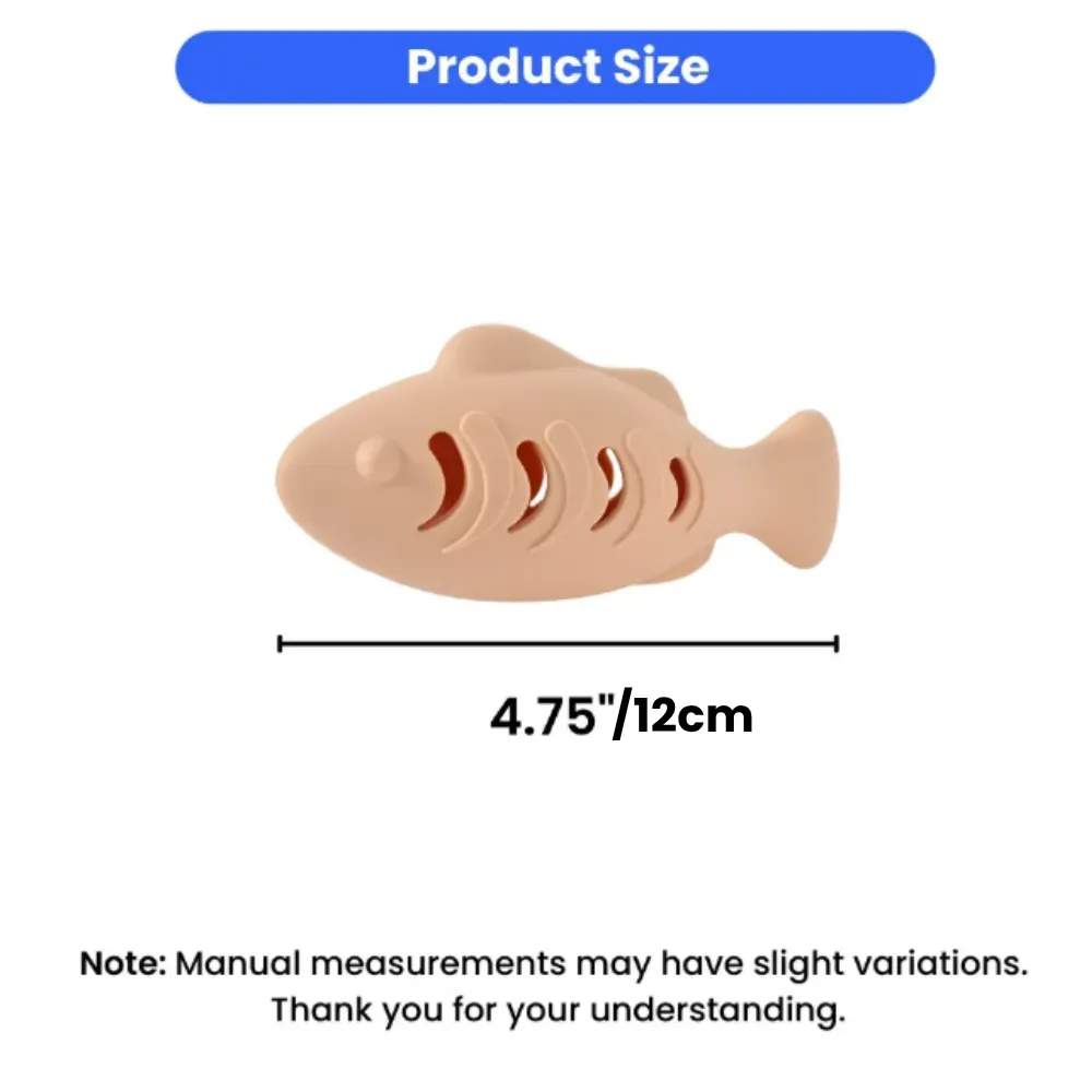 A diagram showing the 4.75 inch or 12cm length of the fish-shaped cat teething toy.
