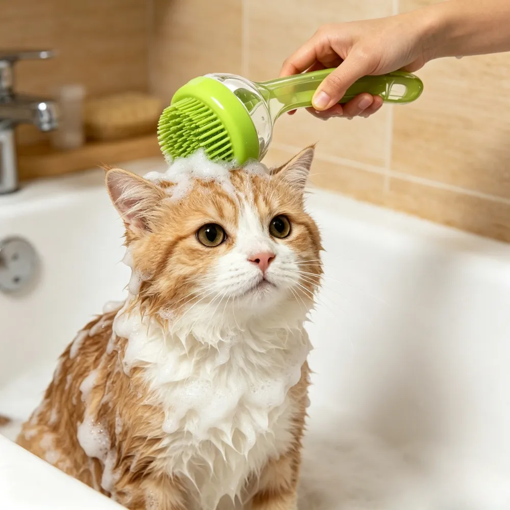 A long-haired cat receiving a gentle bath using a green 2-in-1 pet brush in a bathtub setting.