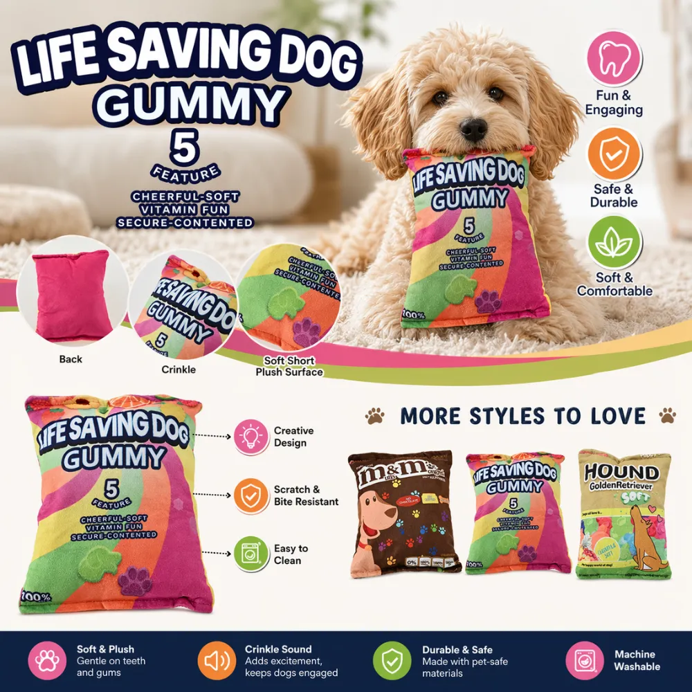 Infographic showing features of the crinkle toy: machine washable, bite resistant, safe materials, and crinkle sound.