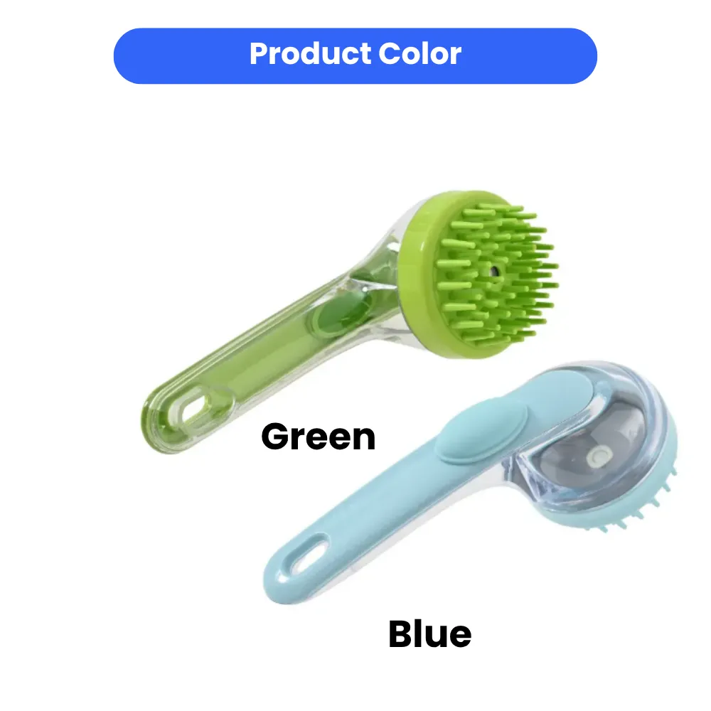 Two silicone pet shampoo dispenser brushes displayed in vibrant green and sky blue colors for retail inventory.