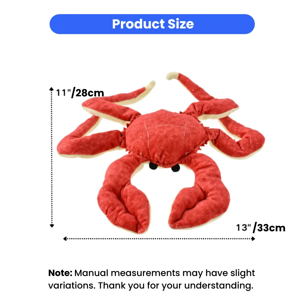 A size guide for the red crab plush dog toy, showing its dimensions as 11 inches tall and 13 inches wide.