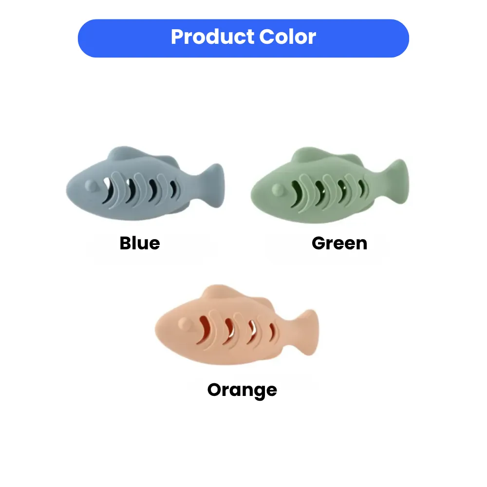 Three fish-shaped cat toys shown in Blue, Green, and Orange colors.