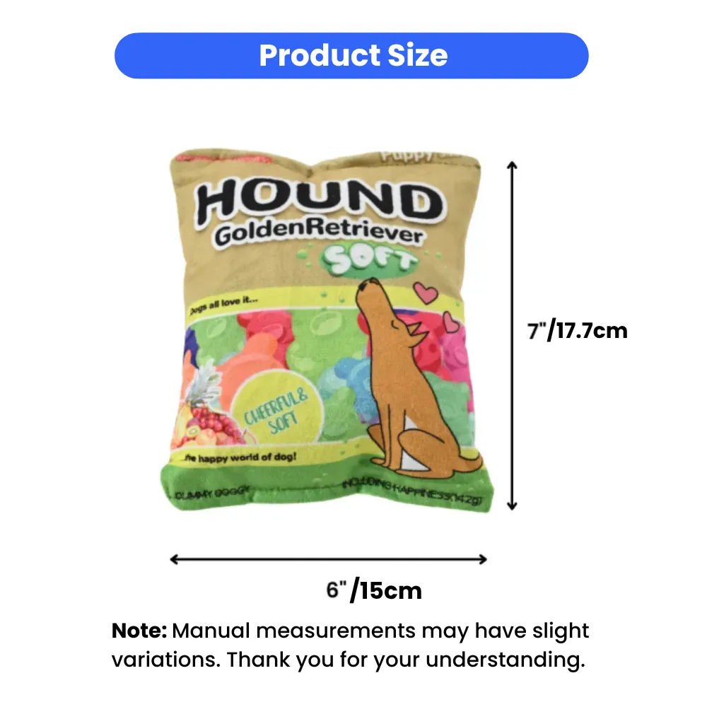 A size chart showing the plush dog toy measures 7 inches (17.7cm) in height and 6 inches (15cm) in width.