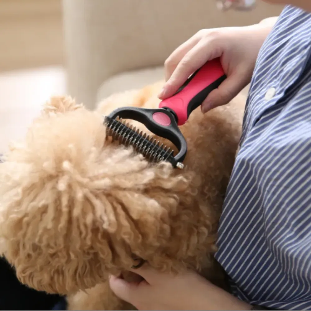 Person using a pink dual-sided undercoat rake to groom a fluffy dog for shedding control.